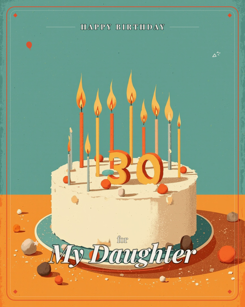 A round white-frosted cake sits on a teal plate against a teal background and mustard-orange tabletop, topped with a cluster of tall lit candles and a…, a birthday e-card design