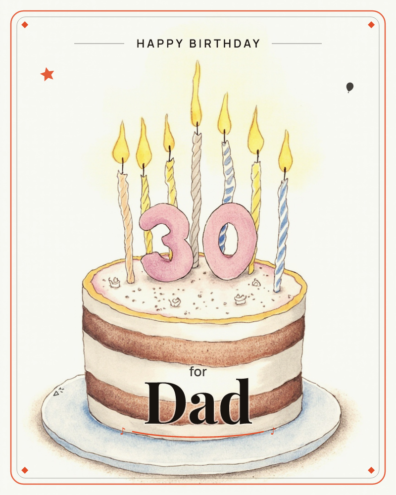 A layered birthday cake sits on a pale blue plate, its cream frosting sprinkled with tiny sugar dots and edged in gold, a birthday e-card design