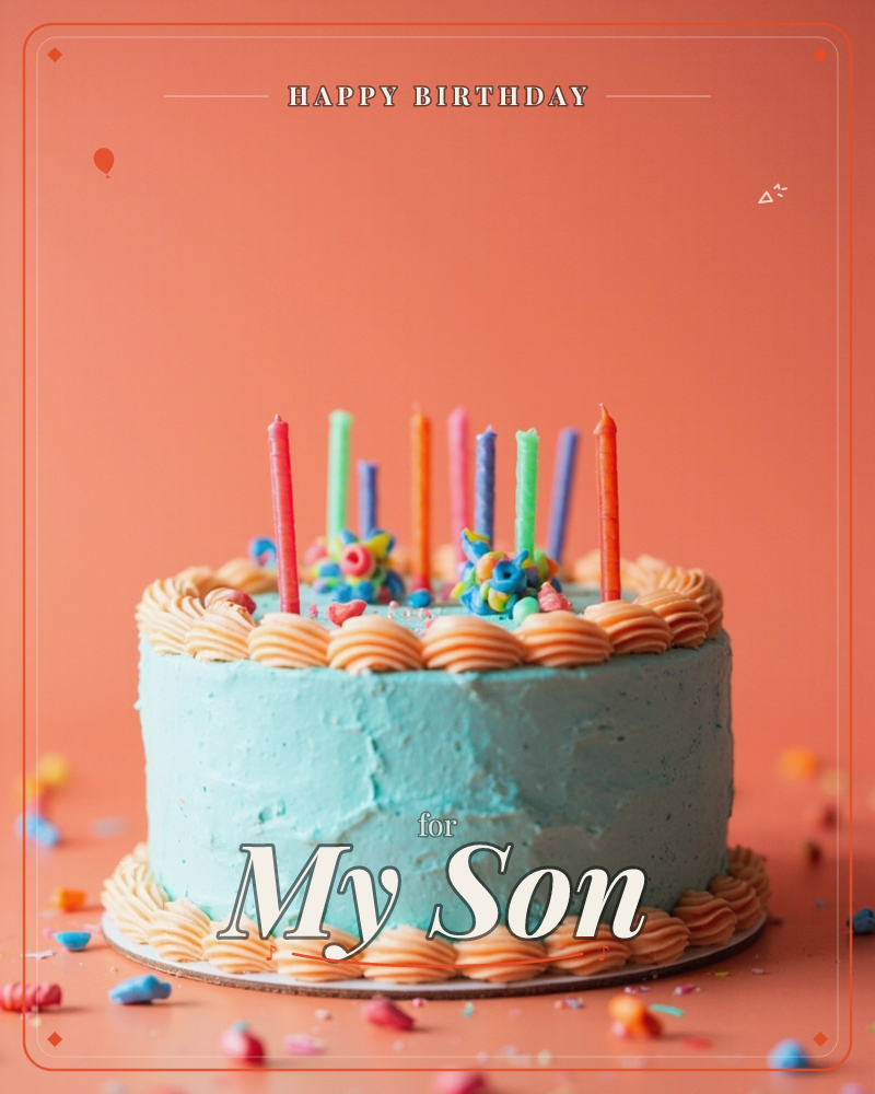 A round cake frosted in turquoise buttercream sits against a bold coral-orange backdrop, its top rimmed with a scalloped piping border and scattered…, a birthday e-card design