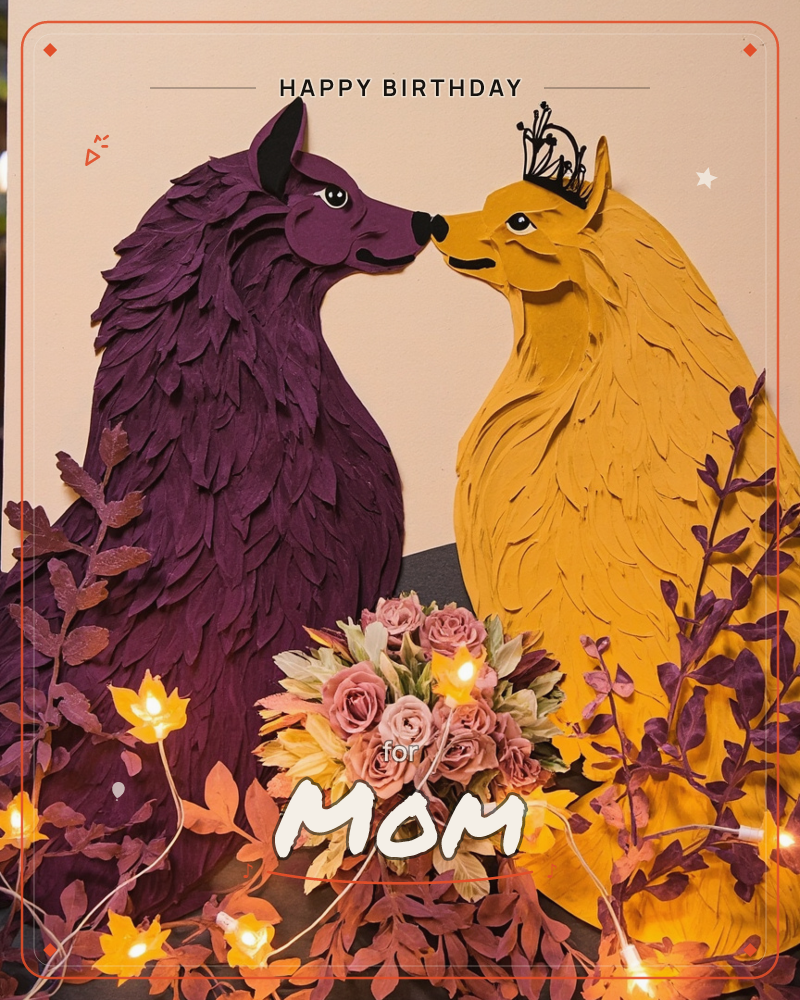 Two paper-sculpted foxes, one deep plum and one golden yellow, lean in to touch noses against a soft blush backdrop, a birthday e-card design