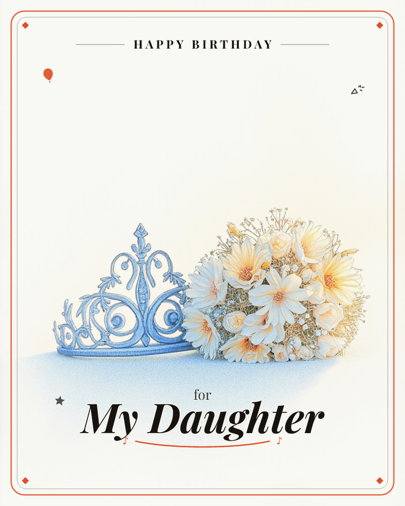 A pale blue filigree tiara rests beside a rounded posy of cream and peach daisies, both drawn in fine, scratchy coloured-pencil detail on a soft ivory…, a birthday e-card design