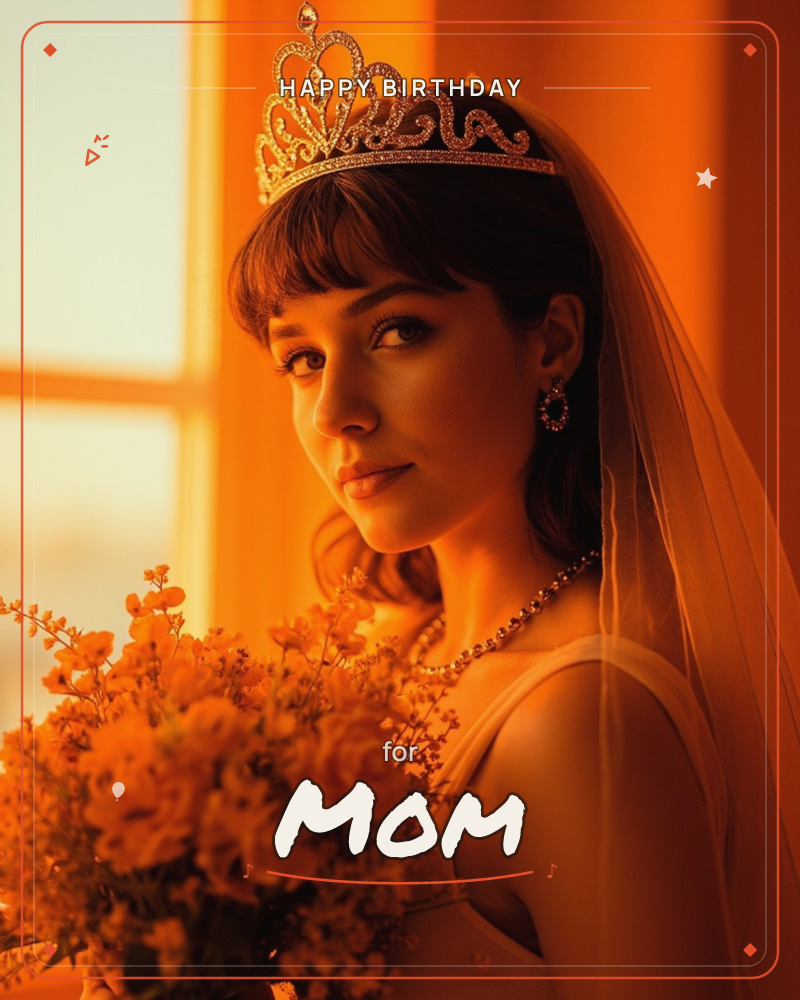 A woman in a jeweled tiara and sheer veil stands by a sunlit window, holding a bouquet of orange roses close to her chest, a birthday e-card design
