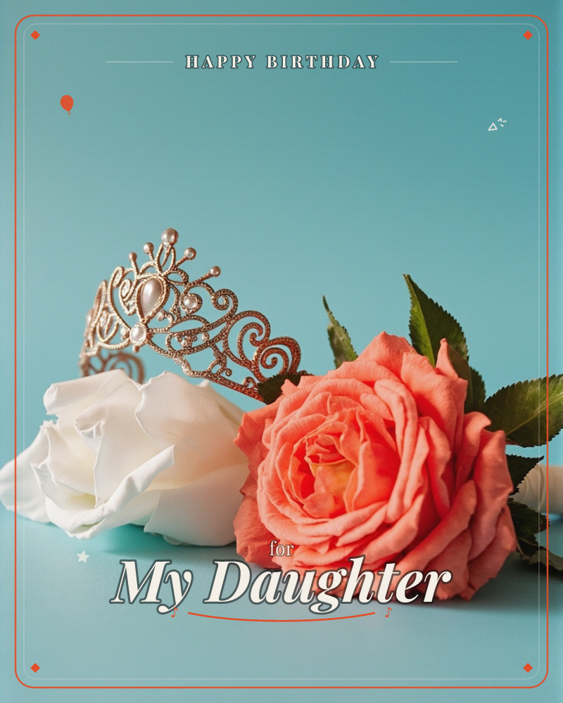 A small jewelled tiara rests against a white rose and a full coral rose on a flat turquoise background, a birthday e-card design