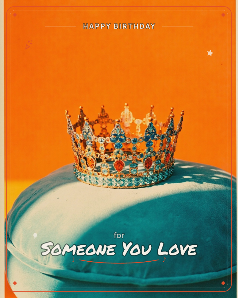 A jewelled gold crown studded with turquoise and amber gems rests on a plush teal velvet cushion, set against a bold saturated orange backdrop, a birthday e-card design