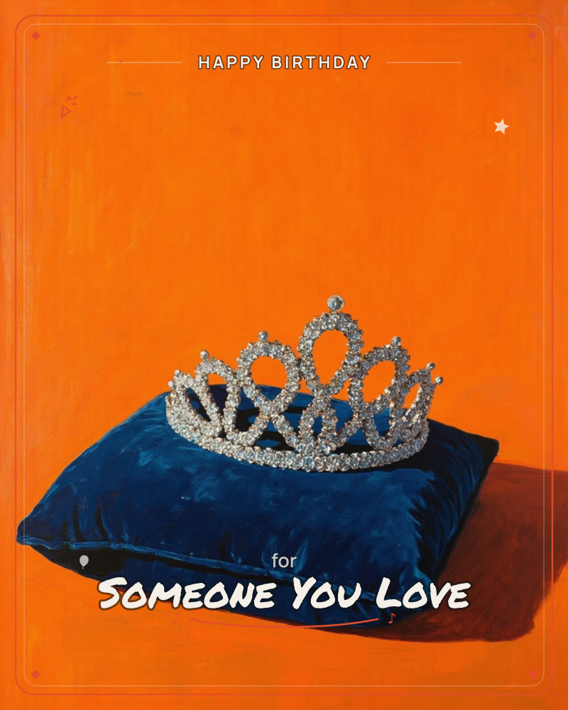 A jewelled silver tiara rests on a plush navy velvet cushion, set against a bold flat orange background, a birthday e-card design