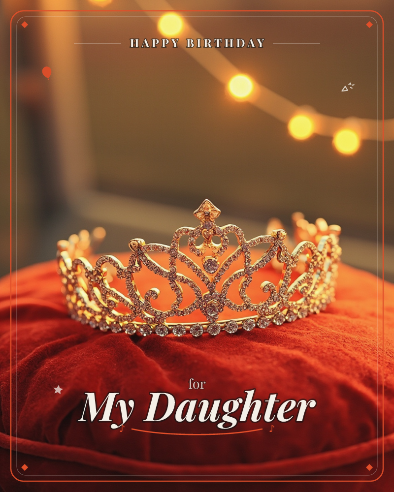 A jewelled gold tiara rests on a plush red velvet cushion, its scrollwork studded with tiny gemstones catching the light, a birthday e-card design