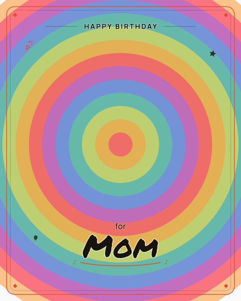 Concentric rings radiate outward from a small coral-red centre in a bold, hypnotic bullseye pattern, a birthday e-card design by @DittyCityTeam
