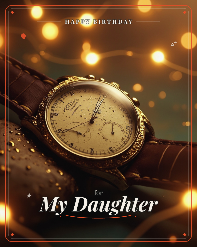 A vintage gold chronograph watch with a textured brass case rests on dark brown leather, its cream dial catching warm light, a birthday e-card design