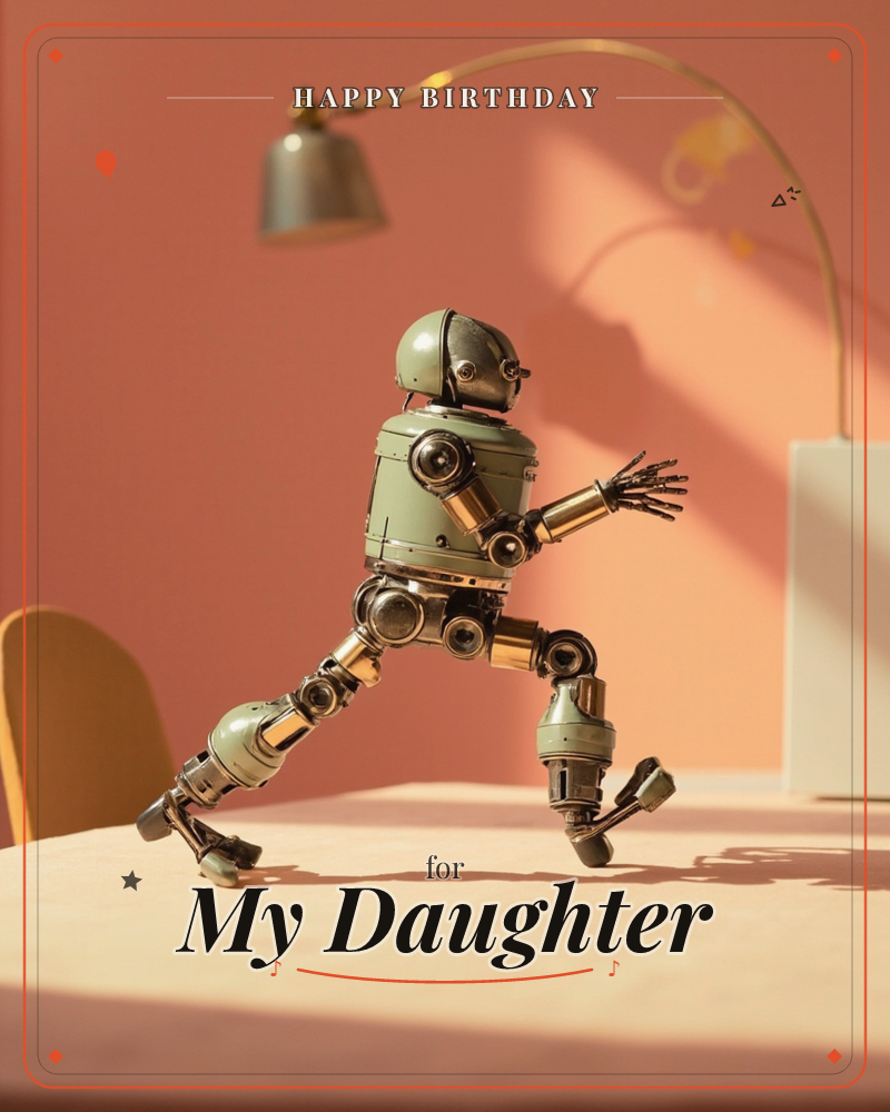 A small vintage-style robot, cast in sage-green metal and brass joints, strikes a lunging pose atop a tabletop stage lit by an arched desk lamp, a birthday e-card design