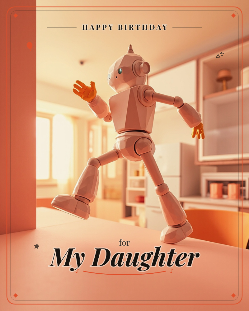 A small white toy robot strikes a playful running pose atop a kitchen counter, warm golden light pouring through a window behind it, a birthday e-card design