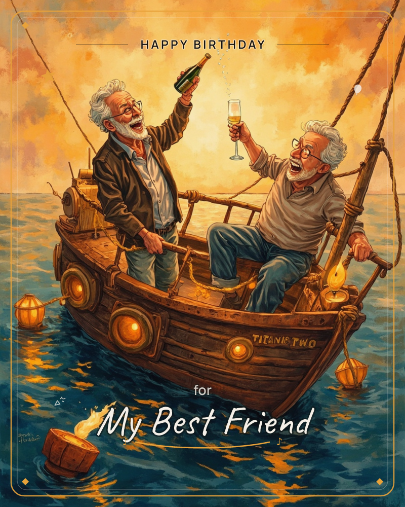 A little wooden boat adrift on golden evening seas, lanterns glowing warm against deep blue water, two friends laughing and raising a toast beneath a…, a birthday e-card design by @DittyCityTeam