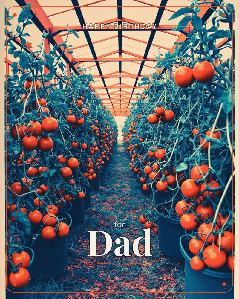 A greenhouse aisle stretches toward a bright vanishing point, lined on both sides with potted tomato vines heavy with clusters of ripe red fruit, a birthday e-card design