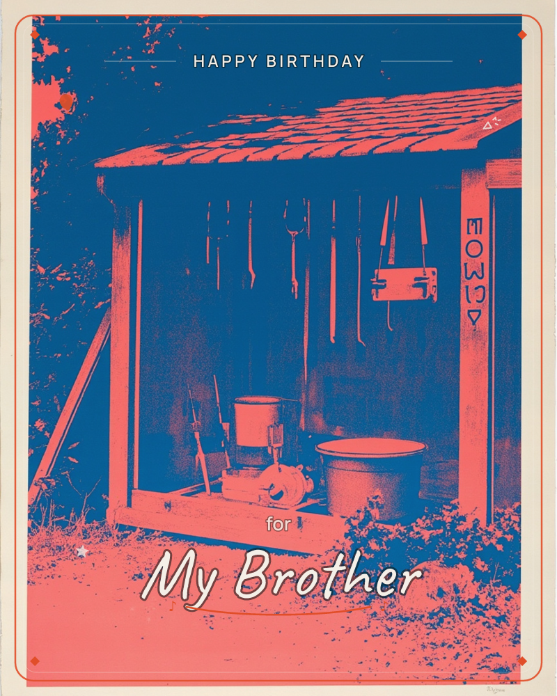 A duotone print in navy and coral shows a small open-sided garden shed, its tiled roof and wooden frame silhouetted against deep blue foliage, a birthday e-card design