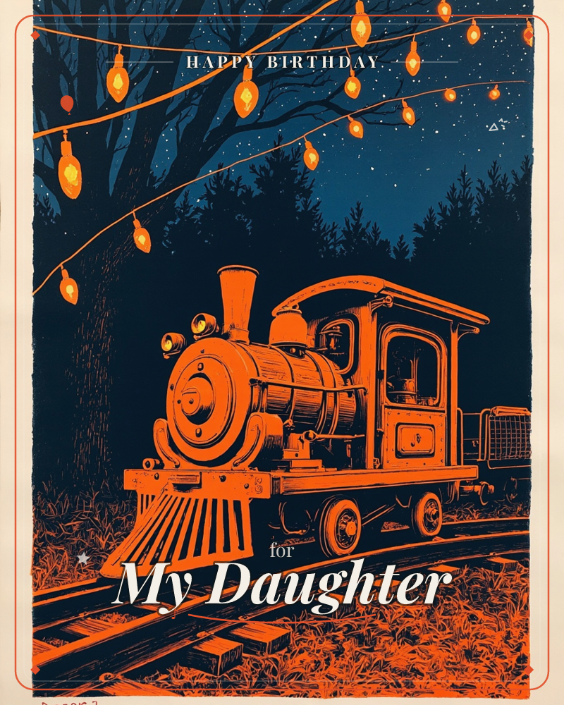 A vintage steam locomotive glows bright orange against a deep midnight-blue forest, strings of bulb lights looping overhead through bare tree branches, a birthday e-card design