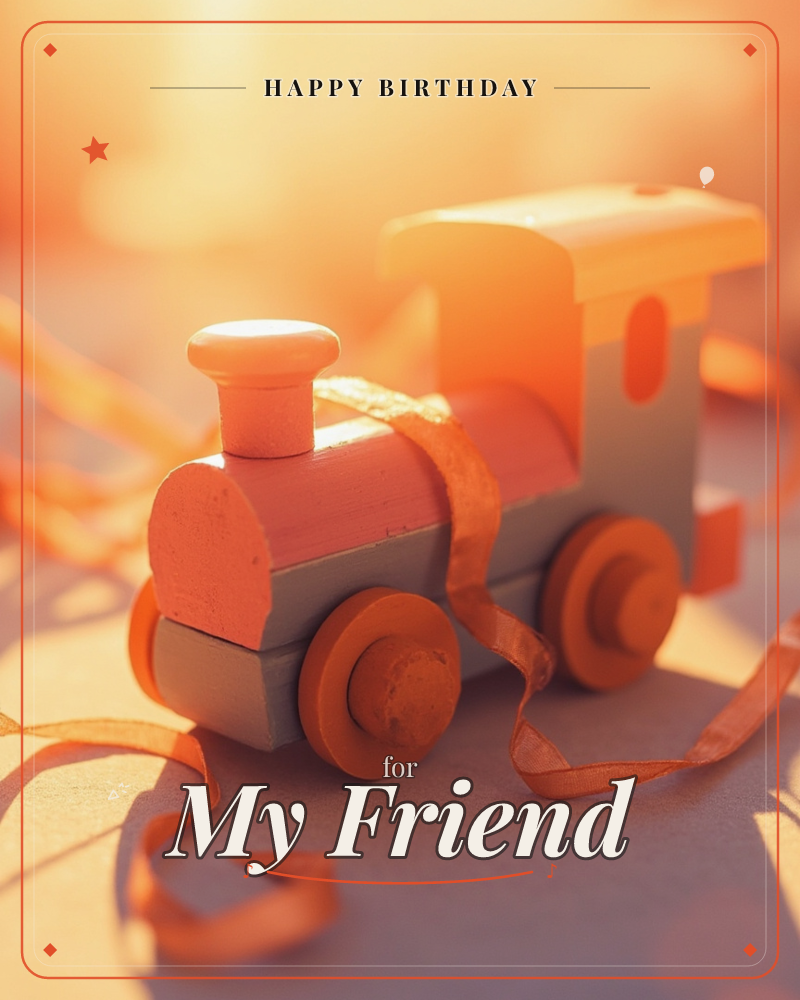 A small wooden toy train sits on a tabletop, wrapped loosely in curling orange ribbon, bathed in warm golden sunset light, a birthday e-card design