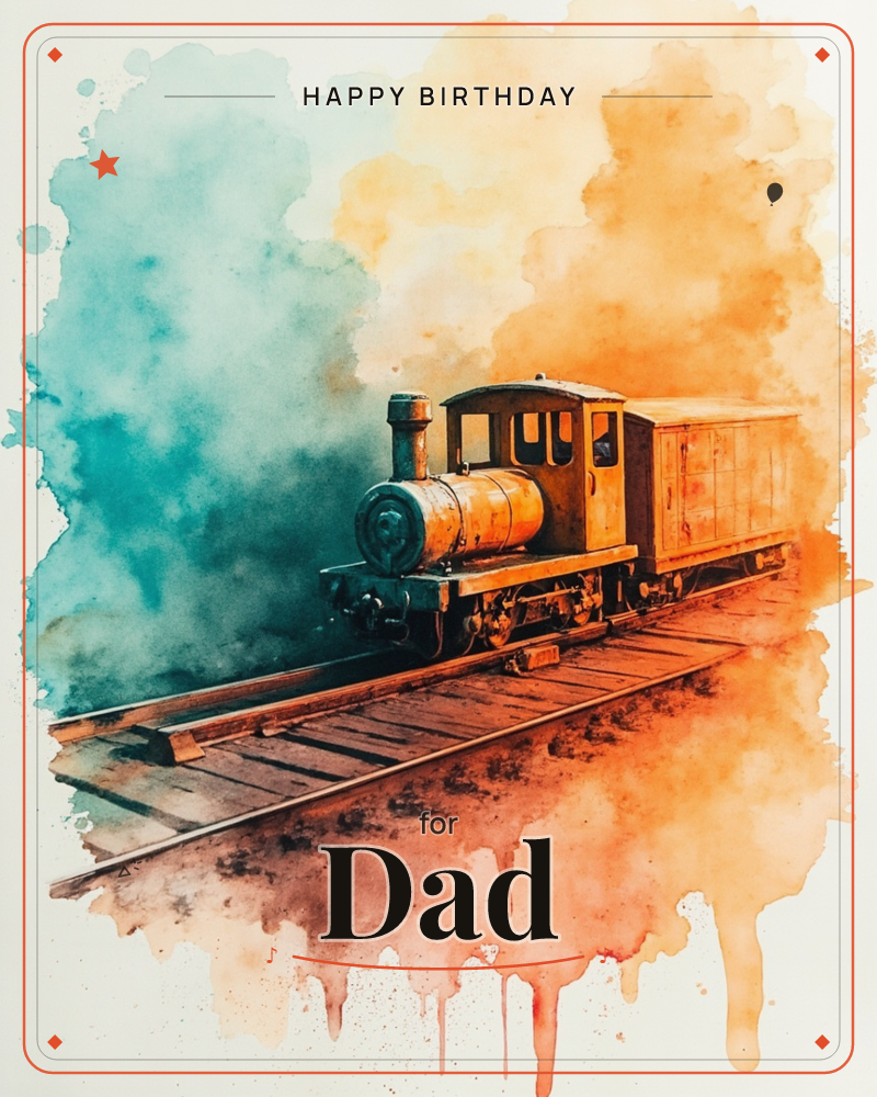 A small vintage steam locomotive with a boxcar rolls along a short stretch of wooden track, rendered in loose watercolour washes that bleed from teal…, a birthday e-card design