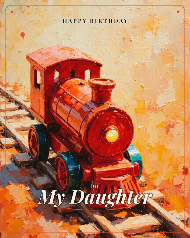 A glossy toy locomotive in deep red and rust sits on a short stretch of wooden-tie track, painted in thick, textured oil strokes against a warm gold…, a birthday e-card design