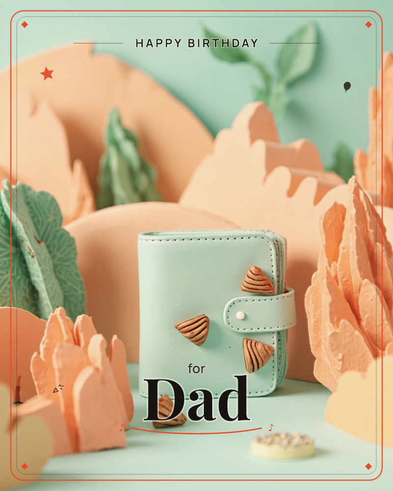 A small mint-green leather wallet with a snap closure sits nestled among a whimsical papercraft landscape of jagged peach-toned mountains and mint…, a birthday e-card design