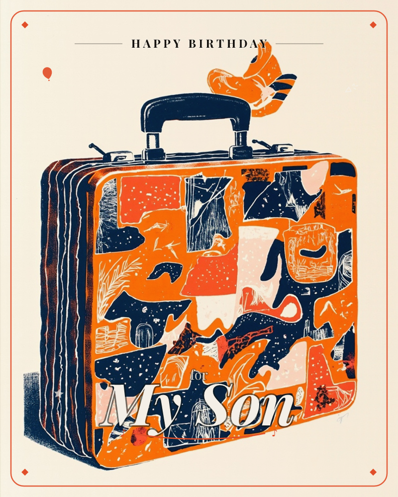 A boxy suitcase sits front and center, its surface covered edge to edge in a busy patchwork of orange, navy and cream shapes like torn travel stickers…, a birthday e-card design