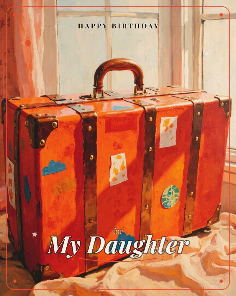 A vintage orange suitcase with brass corner guards and straps sits on a rumpled cloth in front of a sunlit paned window, its leather handle catching…, a birthday e-card design
