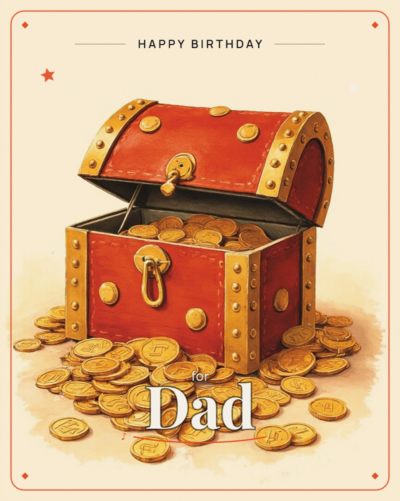 A red leather treasure chest bound in gold studs and trim sits open, its lid tipped back to reveal a heap of engraved gold coins spilling both inside…, a birthday e-card design