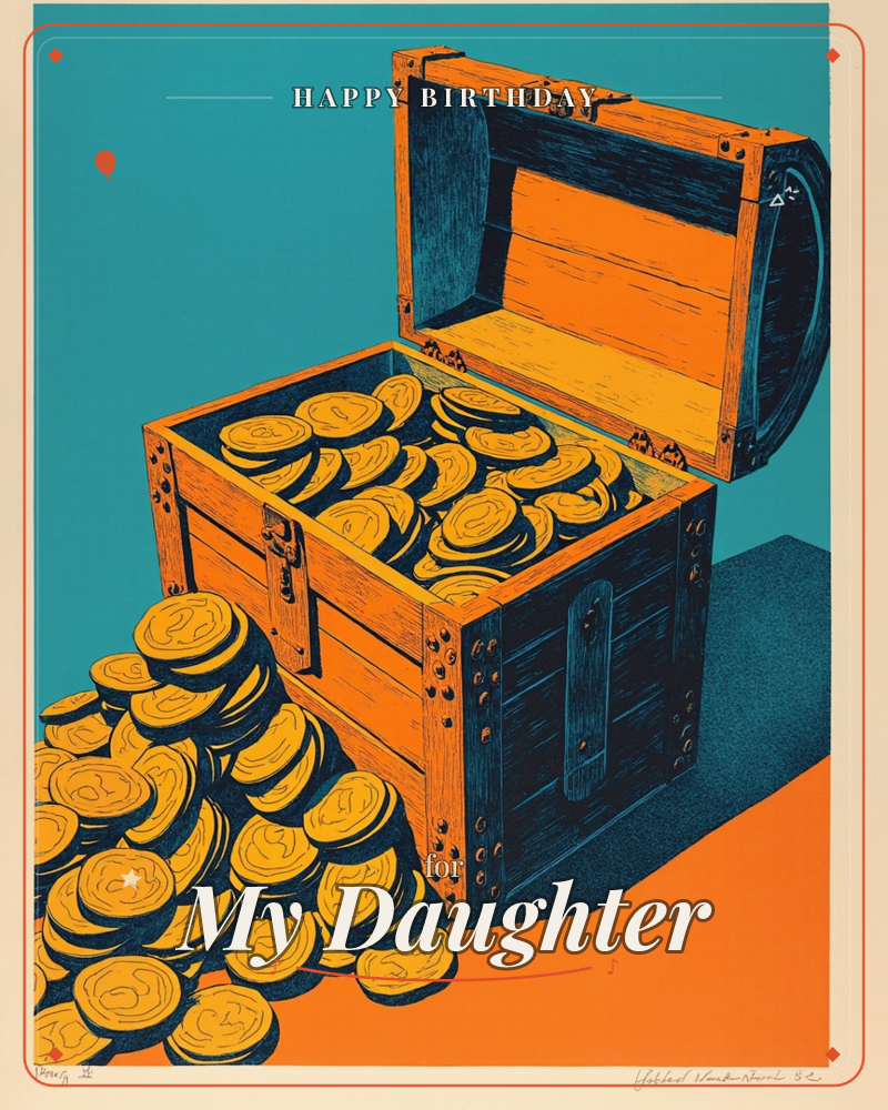 A wooden treasure chest sits open on a flat orange surface against a bold teal background, brimming with gold coins that spill out in a heaped pile…, a birthday e-card design