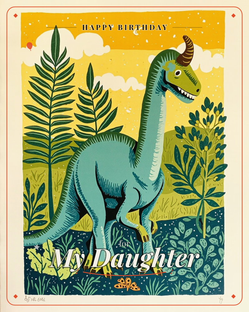 A long-necked dinosaur with a curved brown horn stands among prehistoric ferns and leafy foliage under a golden, starlit sky with a crescent moon, a birthday e-card design