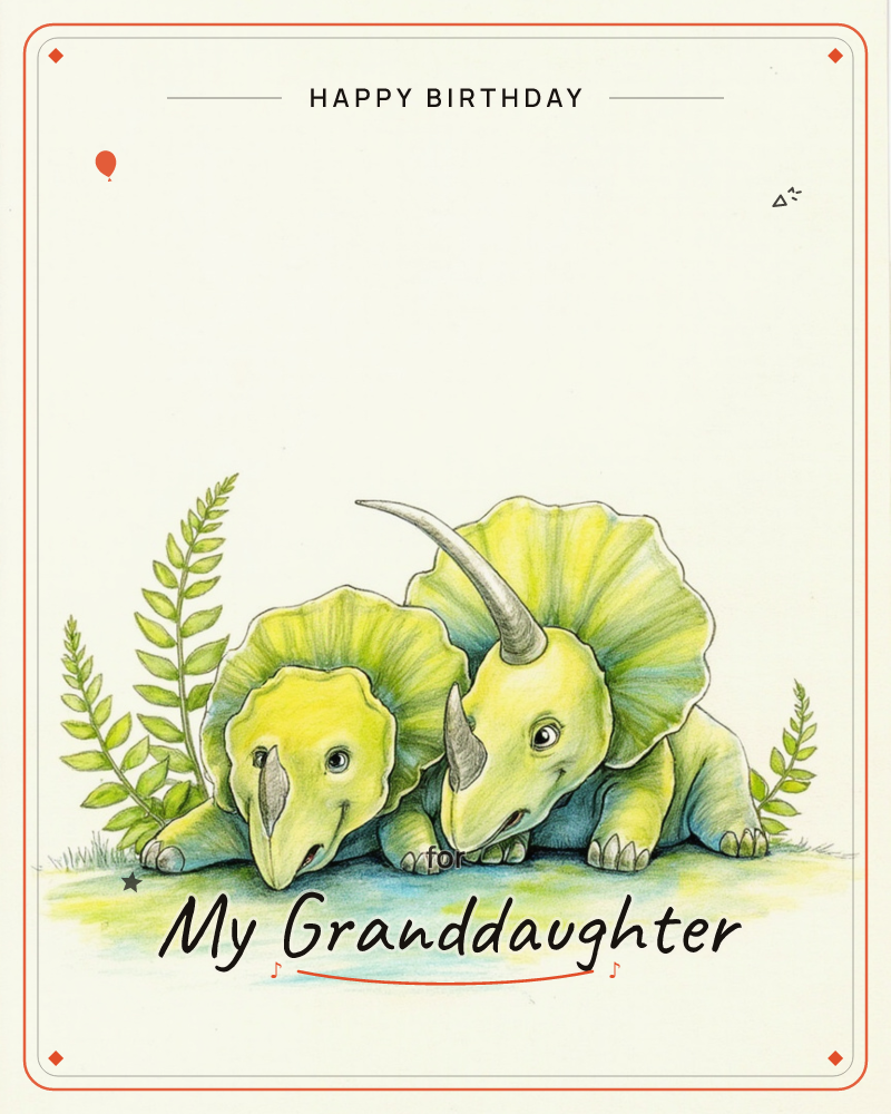 Two green triceratops dinosaurs, one with a single horn and one hornless, crouch low together side by side amid drooping fern fronds, a birthday e-card design