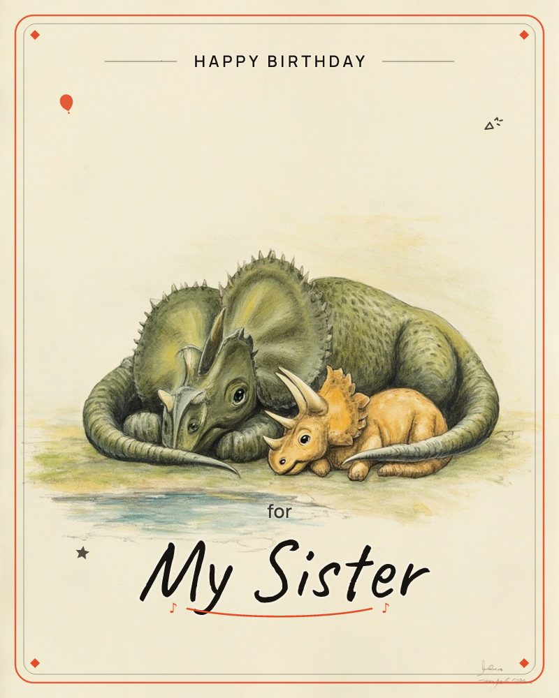 A large green triceratops curls protectively around a smaller orange triceratops calf, both resting together on a grassy patch beside a quiet pool of…, a birthday e-card design