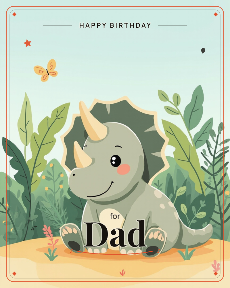 A cheerful baby triceratops sits in a sandy clearing surrounded by tall jungle leaves, its rosy cheeks and blunt little horns giving it a soft…, a birthday e-card design