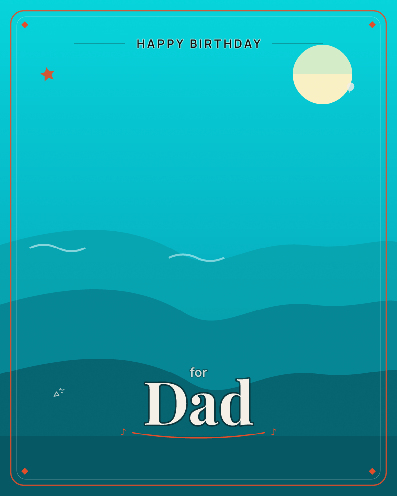 A minimalist seascape rendered in layered waves of teal and deep blue, with a pale sun or moon glowing in the upper corner of the sky, a birthday e-card design by @DittyCityTeam