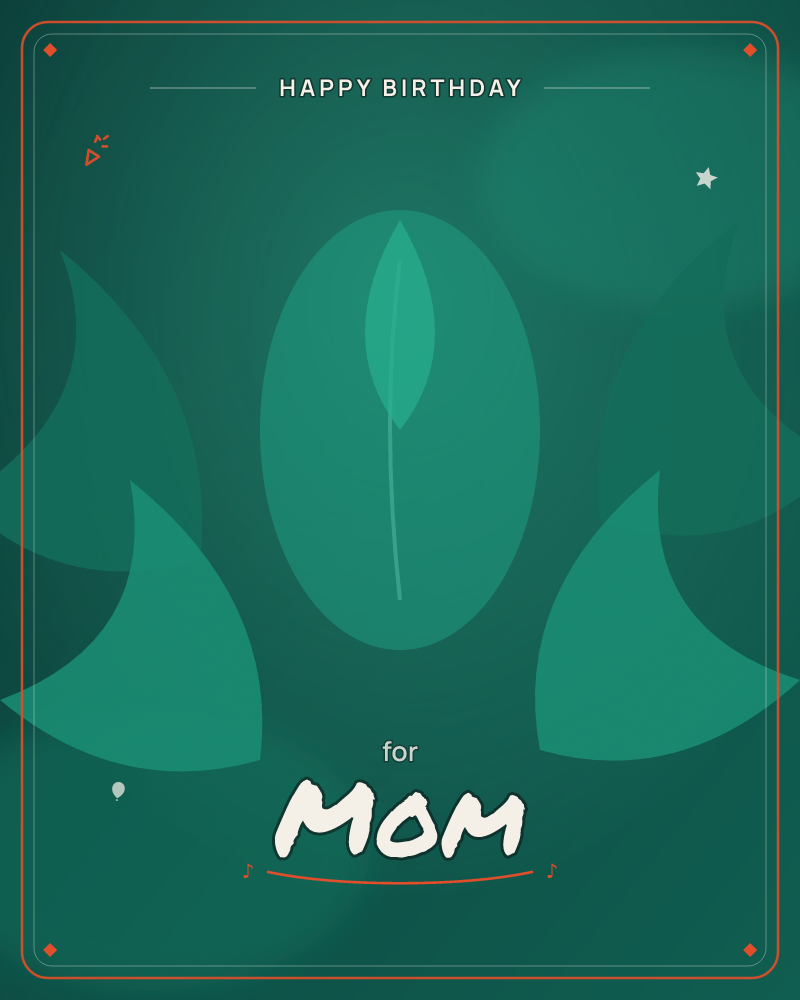 A tonal emerald illustration shows a single leaf glowing inside a soft oval frame, surrounded by four abstract flame-like leaf shapes at the corners, a birthday e-card design by @DittyCityTeam