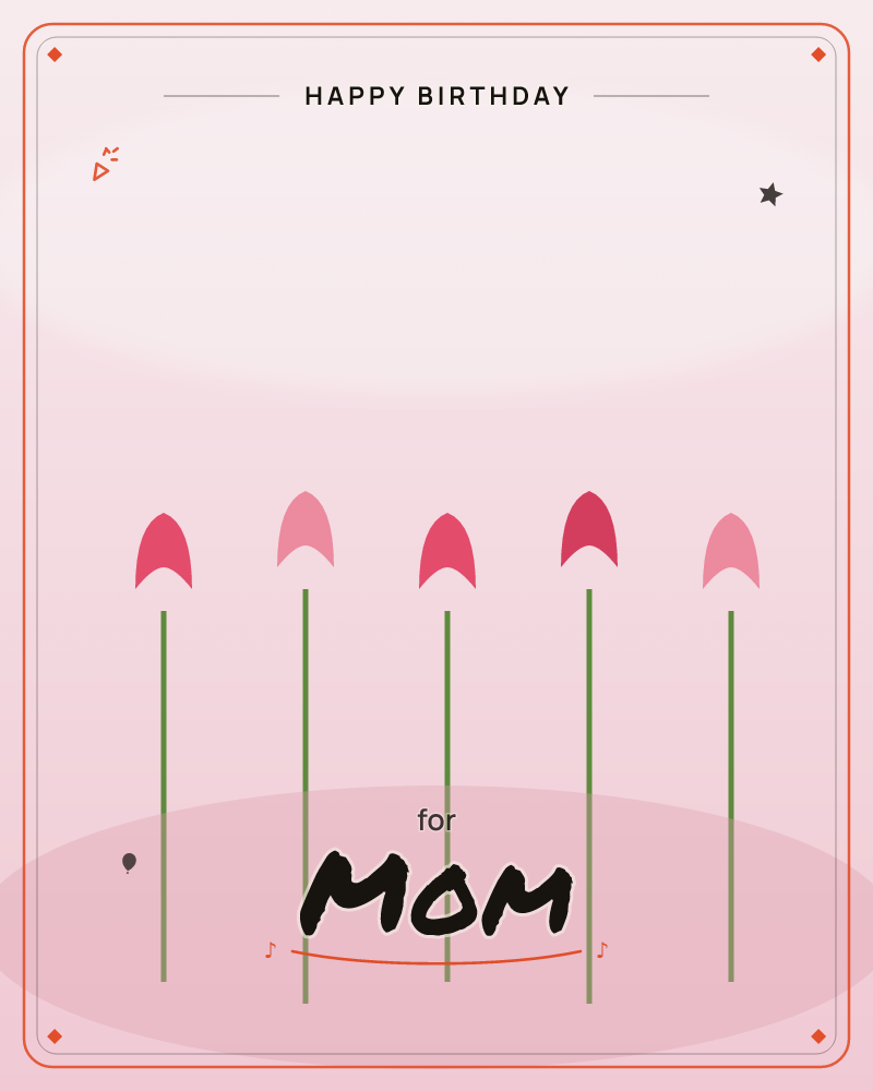 Five slim green stems rise from a soft pink shadowed oval, each topped with a simple pointed bud in alternating shades of rose and blush pink, a birthday e-card design by @DittyCityTeam