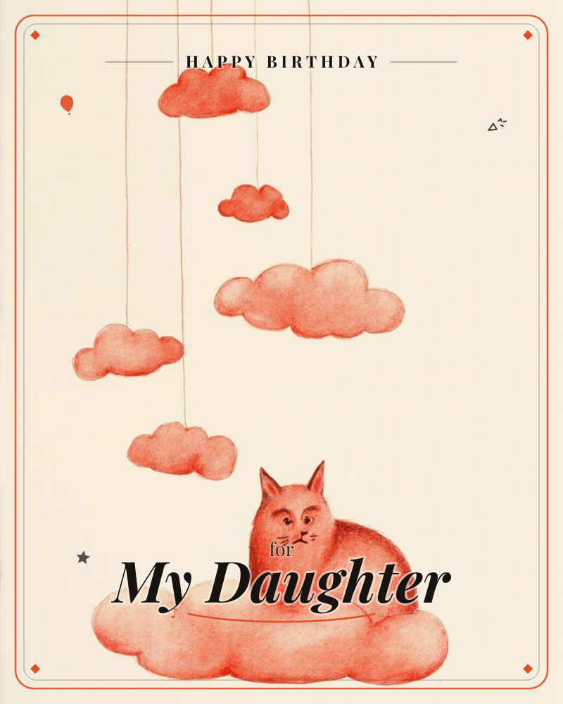 A round-faced cat perches on a fluffy cloud, rendered entirely in soft coral-red tones against a warm cream background, a birthday e-card design