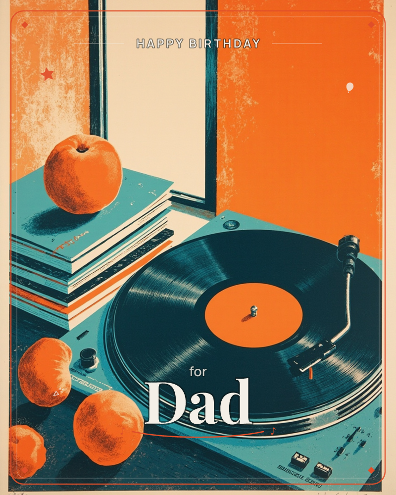 A retro turntable spins a dark vinyl record beside a stack of album sleeves, with ripe oranges scattered across the teal tabletop and windowsill, a birthday e-card design