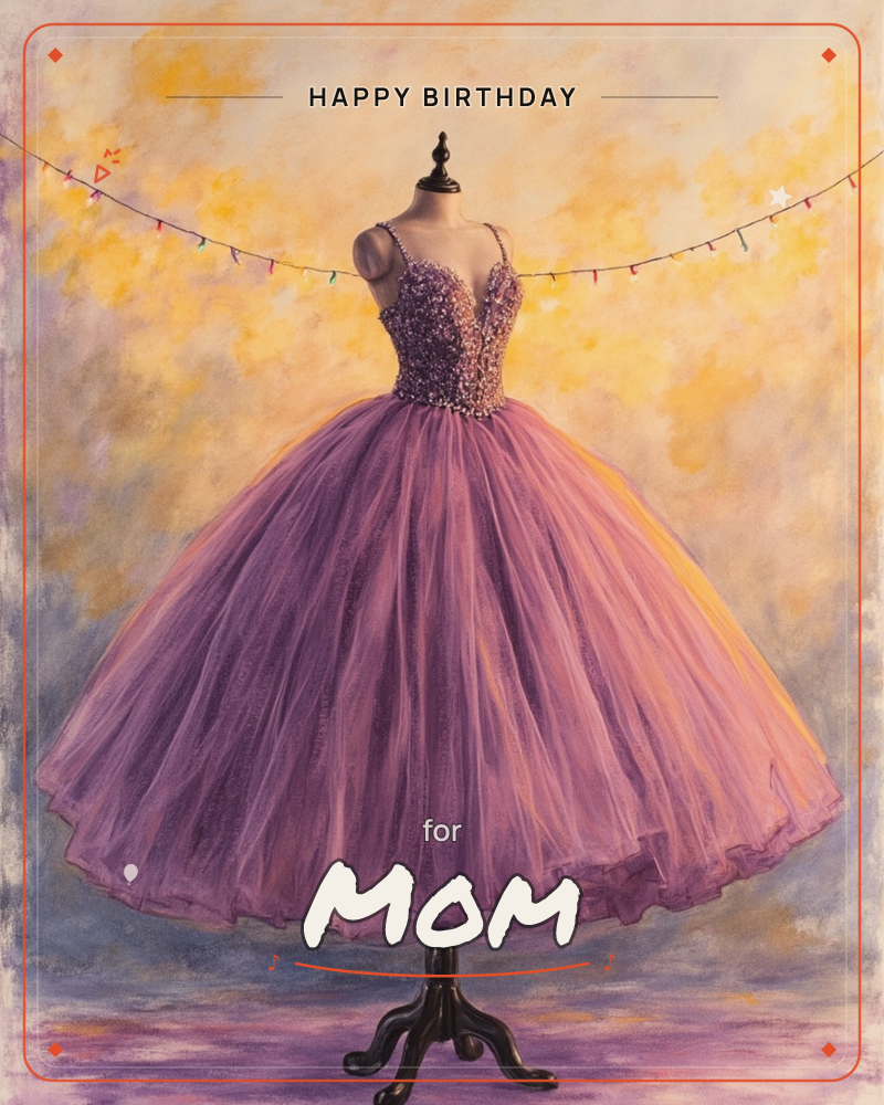 A full purple ball gown with a beaded, sequined bodice sits displayed on a black dress form, its tulle skirt billowing out in soft folds, a birthday e-card design
