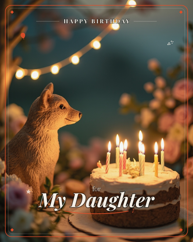 A small dog figurine sits beside a layered birthday cake glowing with lit candles in soft pastel colours, set outdoors under a string of warm fairy lights, a birthday e-card design