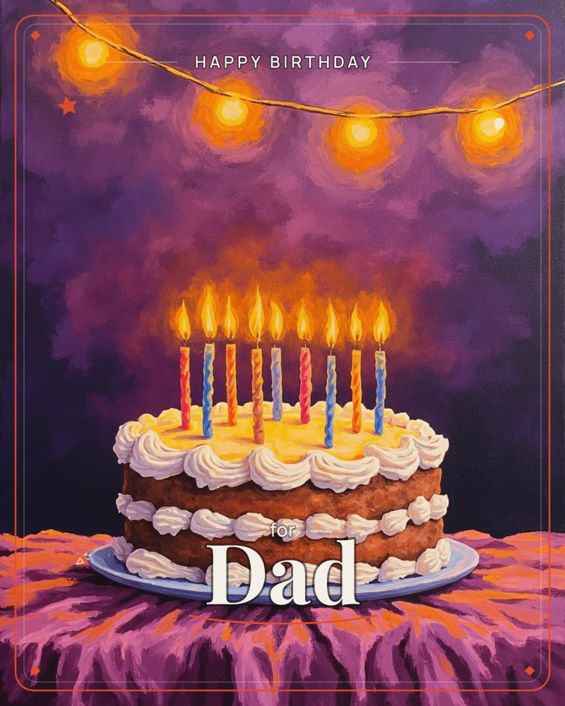 A layered birthday cake glows with eight lit candles against a moody violet backdrop, string lights glowing softly overhead like little suns, a birthday e-card design