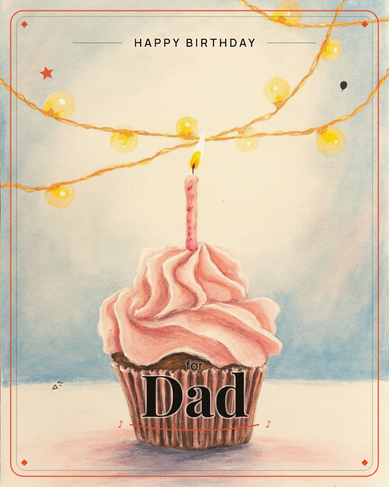 A single cupcake with swirled pink frosting sits centre stage, one lit candle glowing softly against strands of warm fairy lights crisscrossing overhead, a birthday e-card design
