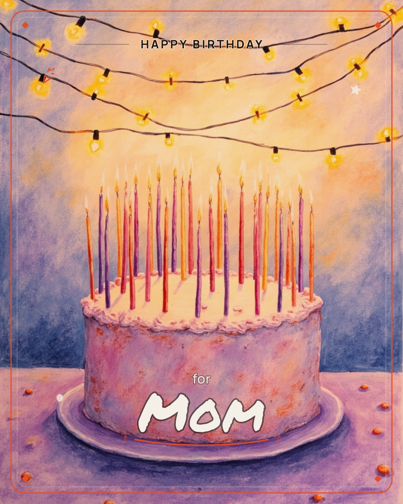 A frosted round cake sits on a plate crowded with tall, thin candles in pink, purple and orange, all lit and glowing, a birthday e-card design