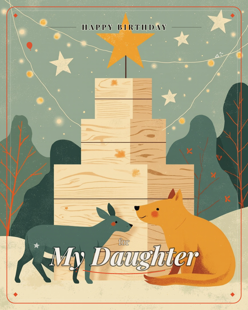 A stylised Christmas tree made of stacked wooden crates rises against a sage-green night sky, topped with a golden star and strung with fairy lights, a birthday e-card design