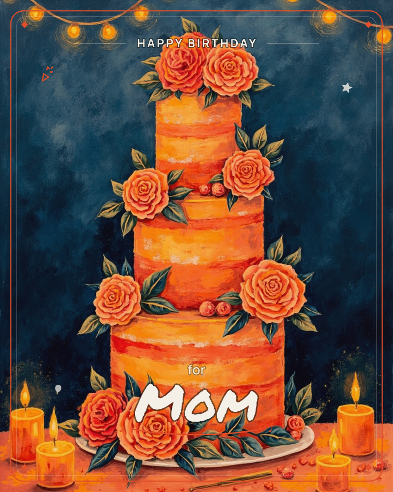 A towering four-tier cake glows in shades of amber and burnt orange, decorated with painted roses and trailing leaves against a deep midnight-blue…, a birthday e-card design