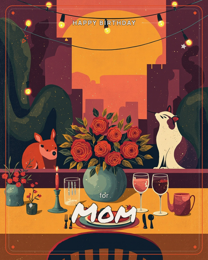 A rooftop dinner table is set against a glowing sunset skyline, strung with warm fairy lights overhead, a birthday e-card design