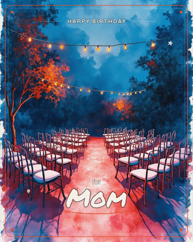 An outdoor wedding ceremony space glows at twilight, with rows of empty chairs facing each other across a rose-lit aisle, a birthday e-card design