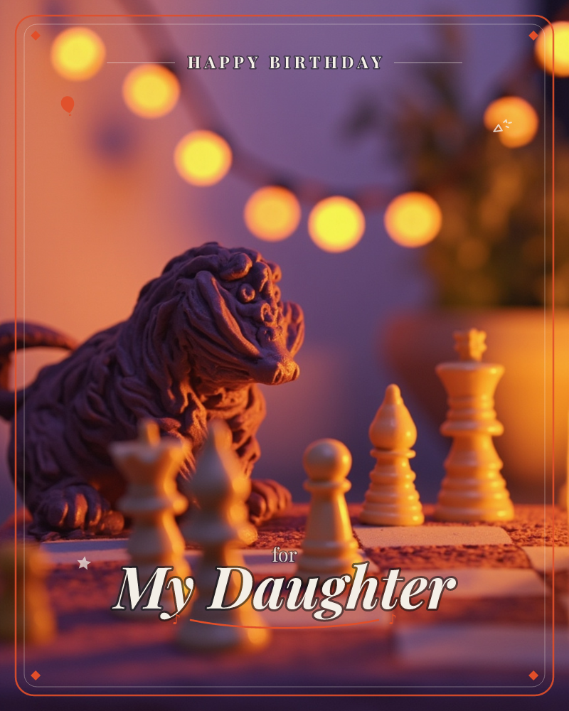 A small carved lion-dog figurine crouches beside a chessboard, nose to nose with the ivory pieces as if studying its next move, a birthday e-card design