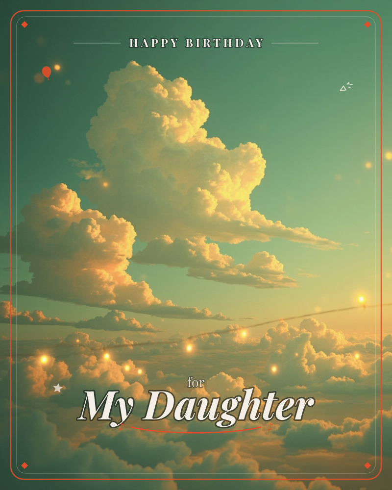 A vast bank of golden-lit clouds rises against a teal-to-green sky, with tiny glowing lights drifting through the air like scattered embers or fireflies, a birthday e-card design