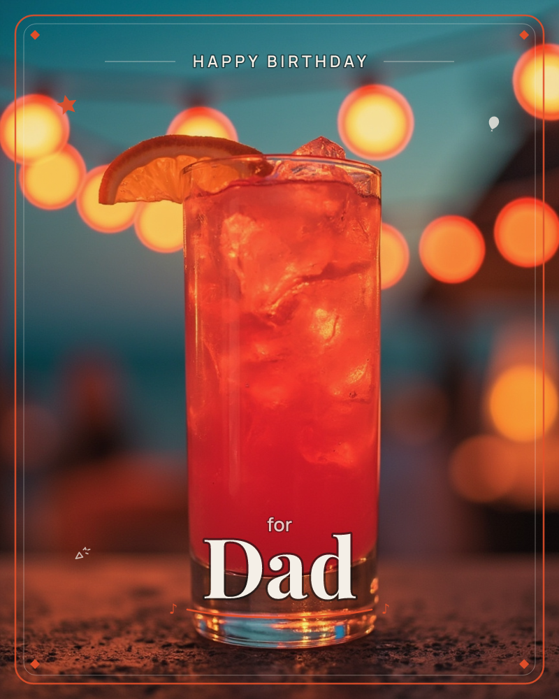 A tall glass of a red cocktail sits on a stone tabletop, garnished with an orange slice and glowing from within with amber ice light, a birthday e-card design