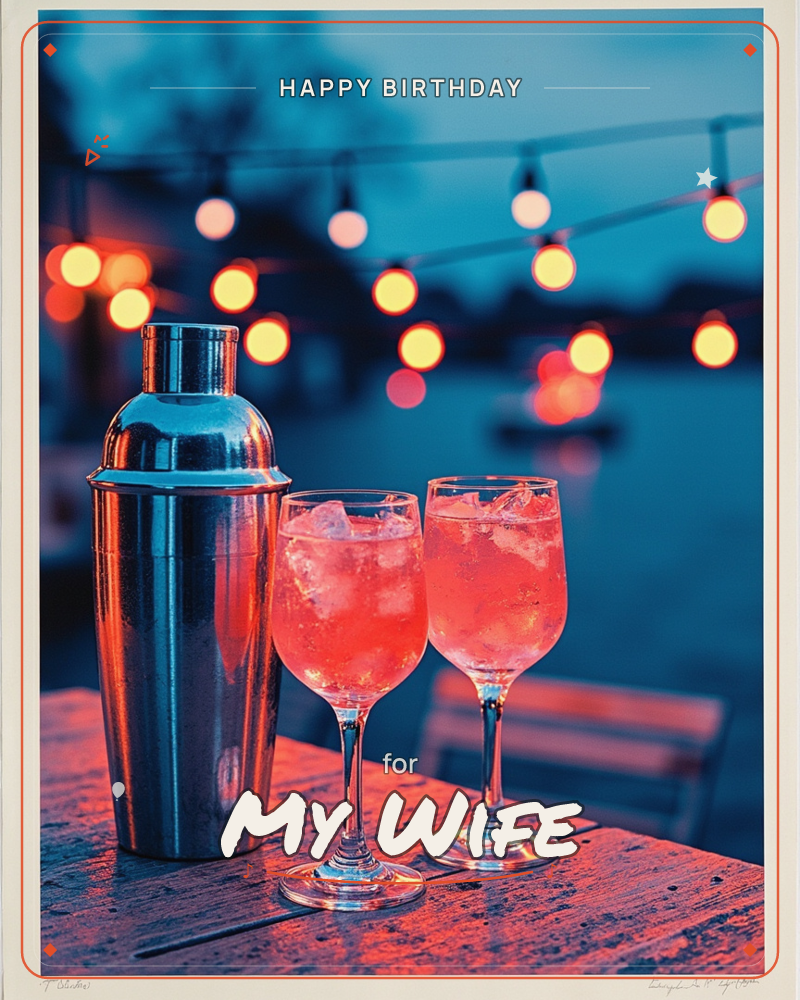 A metal cocktail shaker stands beside two glasses of pink, ice-filled spritzers on a weathered wooden table, lit by strings of warm bokeh lights…, a birthday e-card design