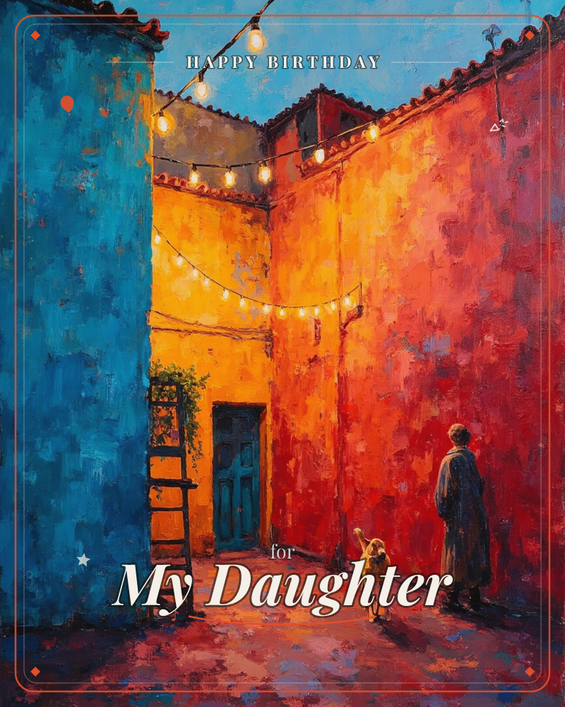 A narrow courtyard glows with sunbaked walls of ochre, red and teal, strung overhead with bare bulb lights against a clear evening sky, a birthday e-card design