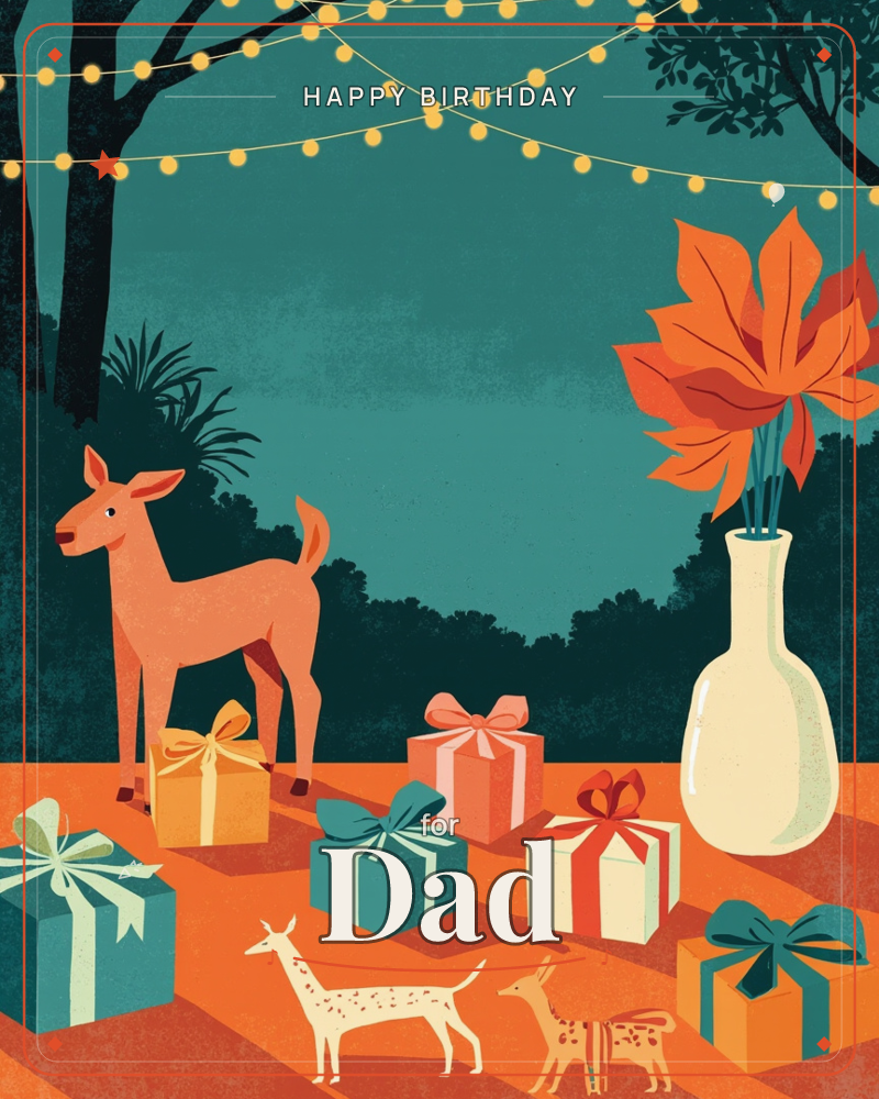 A stylised deer stands among a cluster of wrapped gifts on a warm orange ground, with string lights glowing overhead and dark teal trees silhouetted…, a birthday e-card design